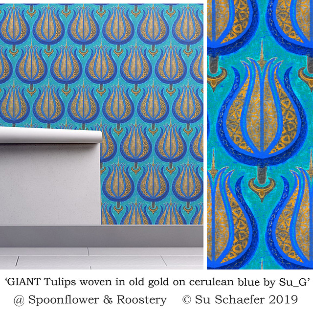 'GIANT Tulips woven in gold on cerulean blue by Su_G': wallpapermockup