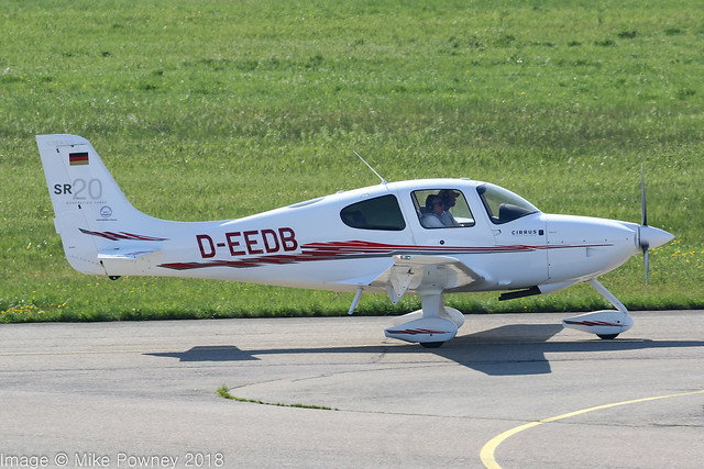 D-EEDB - 2009 build Cirrus SR20 G3, taxiing for departure on Runway 24 at Friedrichshafen during Aero 2018