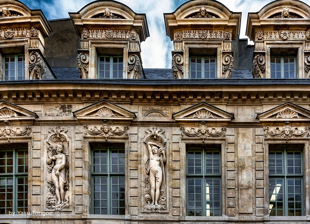 Architecture and Sculpture of the Walls and Windows of Hotel de Sully, Paris, France -8a