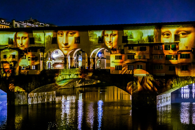 Mona Lisa by Leonardo da Vinci projection at Ponte Vecchio for F-Light Firenze 2018