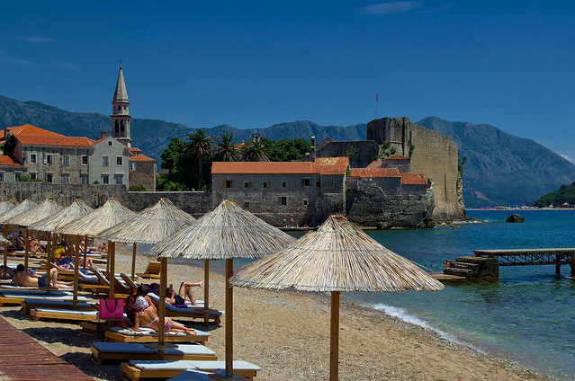 Beach umbrellas, Budva, Montenegro