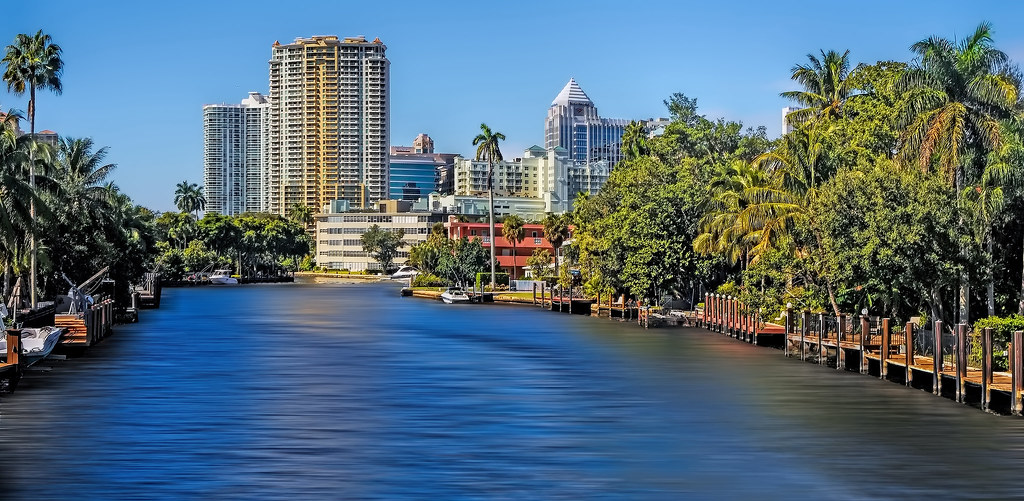 The skyline of Fort Lauderdale, Florida, U.S.A. along the New River. 