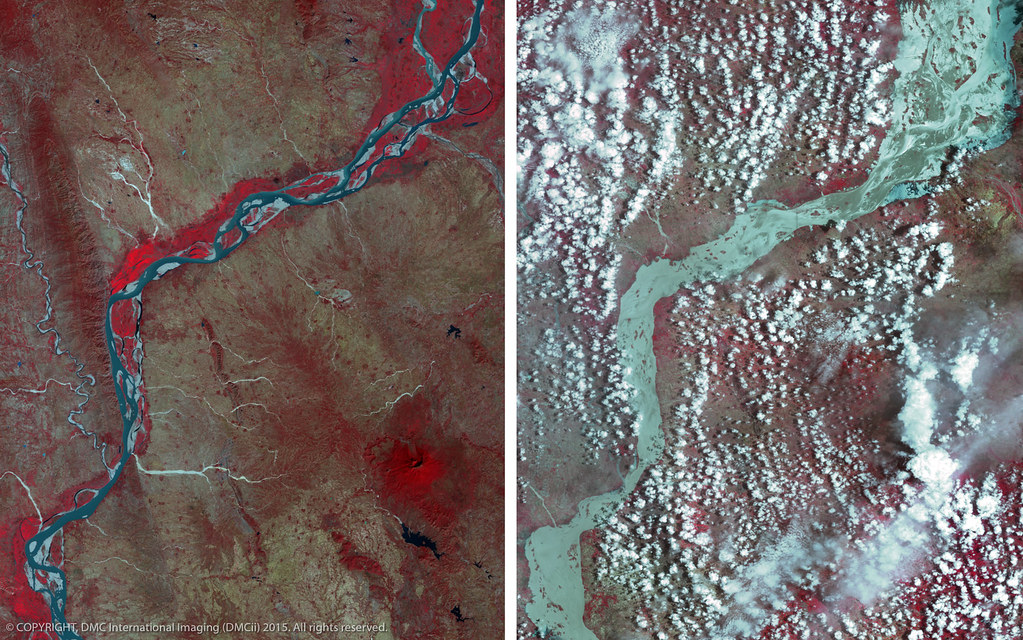 Before and after the flood of the Irrawaddy River, Myanmar