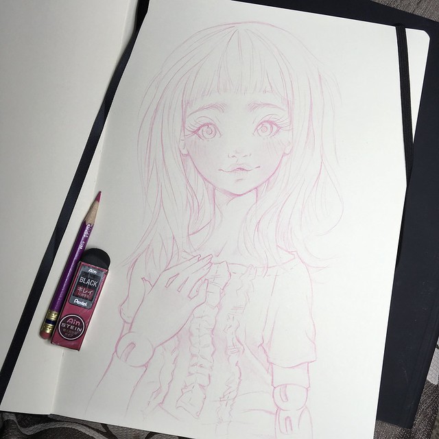 Miss drawing more often! Trying to adjust to larger format and definitely must color this Momoni~ ☺💕 #drawing #traditional #art #sketchbook #moleskine