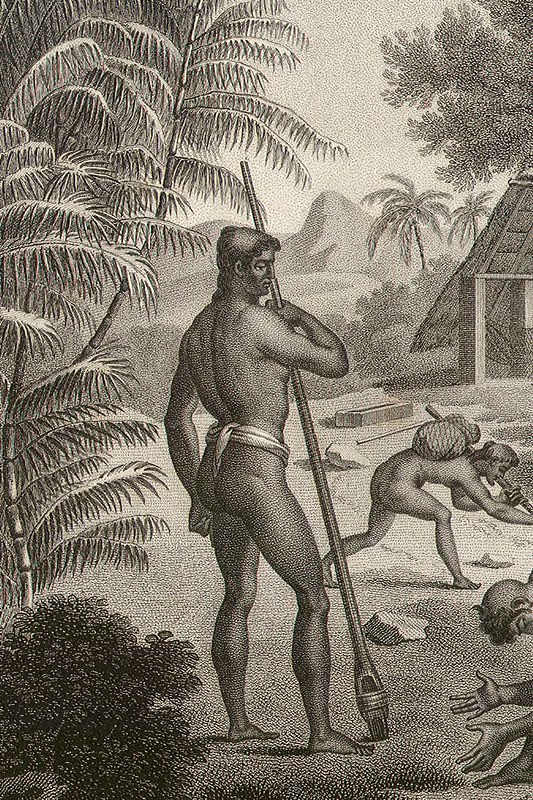 The matao, or noble of ancient Chamorro caste system, holds a long stick with a sharpened stone attached at the tip. Ancient Chamorros used a stick and adze for agriculture.

J.A. Pellion/Guam Public Library System