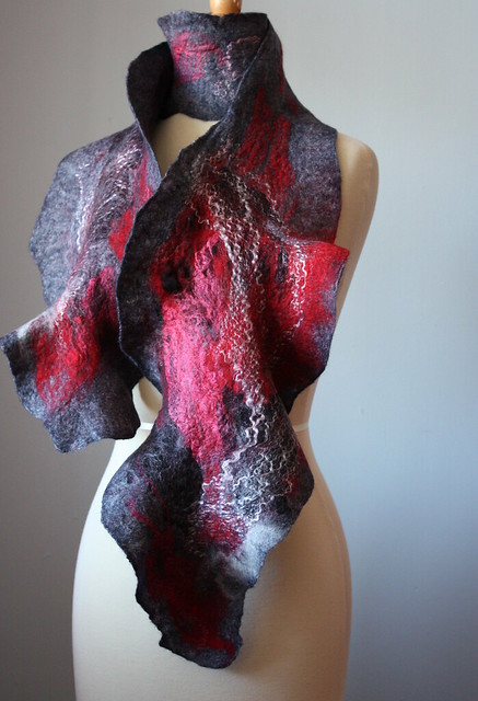 Nuno felted art scarf asymmetrical wool neckwarmer / hip wrap / OOAK wool silk in Charcoal Grey / Gray Red Black