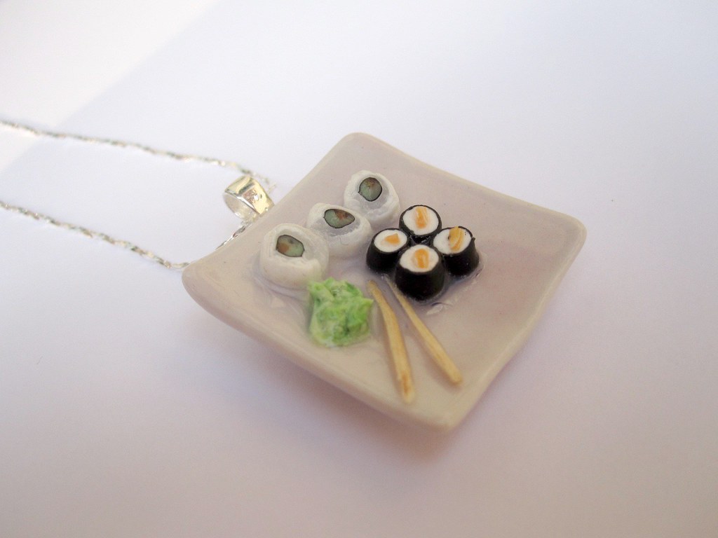 sushi plate necklace in polymer clay