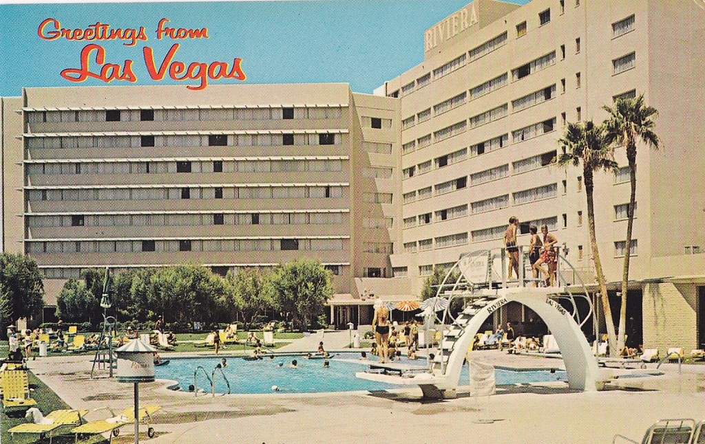 1960s Riviera Hotel Casino Las Vegas Strip postcard VTG Pool View