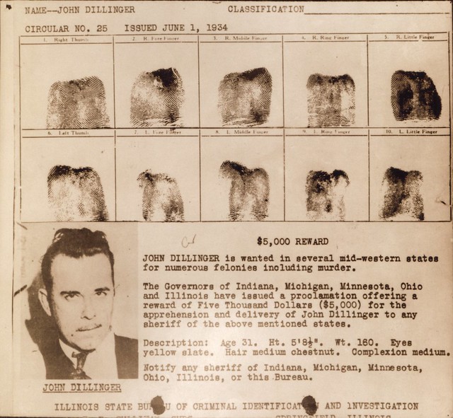 John Dillinger wanted poster -  criminal history record or 'rap sheet' _img445