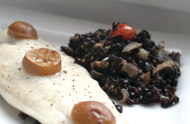 Baked Fish with Mustardy Puy Lentils