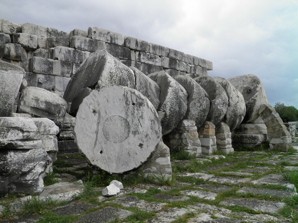 Columns fallen in earthquake on the west facade of the temple, Apollo Temple, Didyma