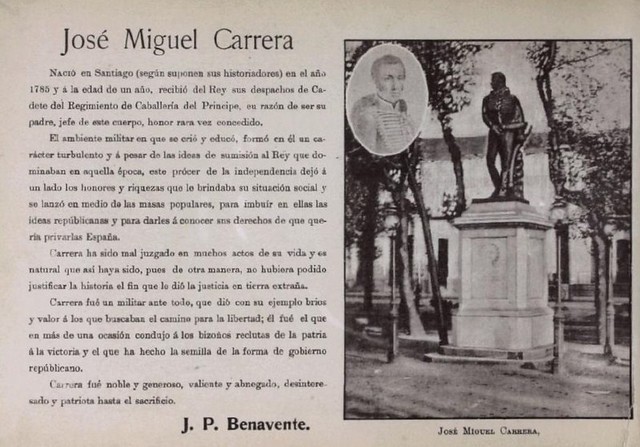 Santiago 1915 JM Carrera, primer monumento en la Alameda, miraba hacia La Moneda. Las casas de atrás se demolieron para formar la avenida Bulnes