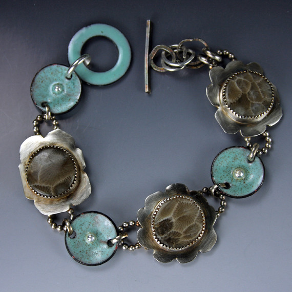 Bracelet with Petoskey Stones and Enameled Poppies