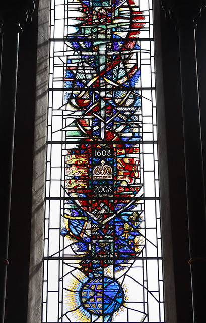 Detail of the Quatercentenary Window, Temple Church of St Mary, Temple, London EC4, UK