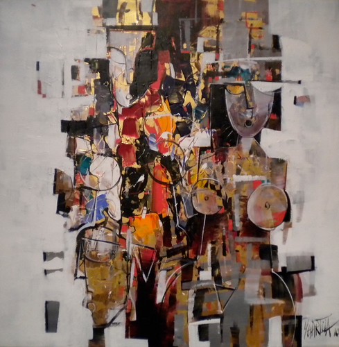Fragmented figure in red and black on pale grey