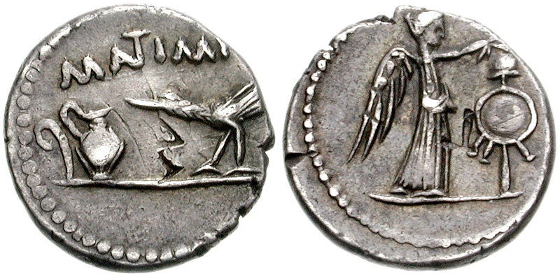 Lepidus and Octavian. 43 BC. AR Quinarius (13mm, 1.90 g, 9h). Military mint with Antony and Lepidus in Transalpine Gaul. Lituus, capis, and raven / Victory standing right, crowning trophy. Crawford 489/4; CRI 121; Sydenham 1159; RSC 82 (Mark Antony)