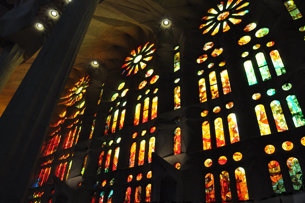 Barcelona. Basilica of La Sagrada Família. Stained glass windows of the ...