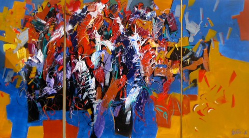 Red and white marks over blue and orange