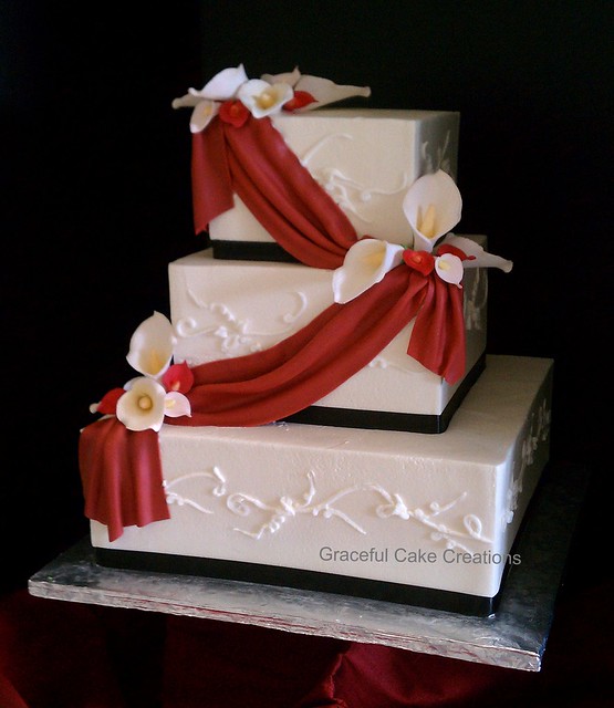 Elegant Ivory, Red and Black Square Wedding Cake