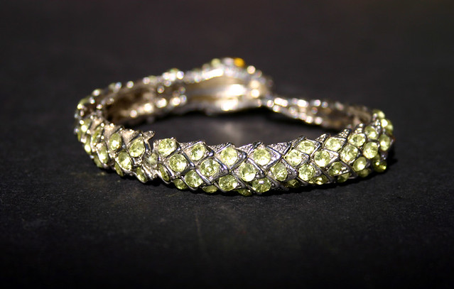 Vintage snake bracelet - Over 100 glass rhinestones all intact  - green with yellow eyes - 04