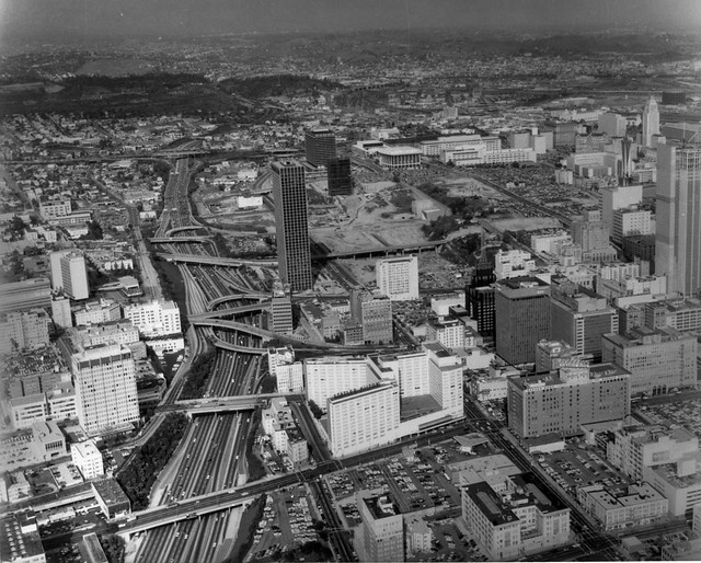 aerial looking looking ne over bunker hill from wilshire and figueroa 1968