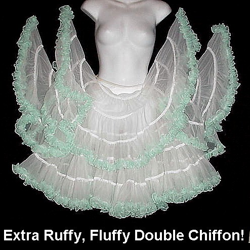 Vintage Petticoat in Sheer Double Chiffon White w/Mint Detail Crinoline!