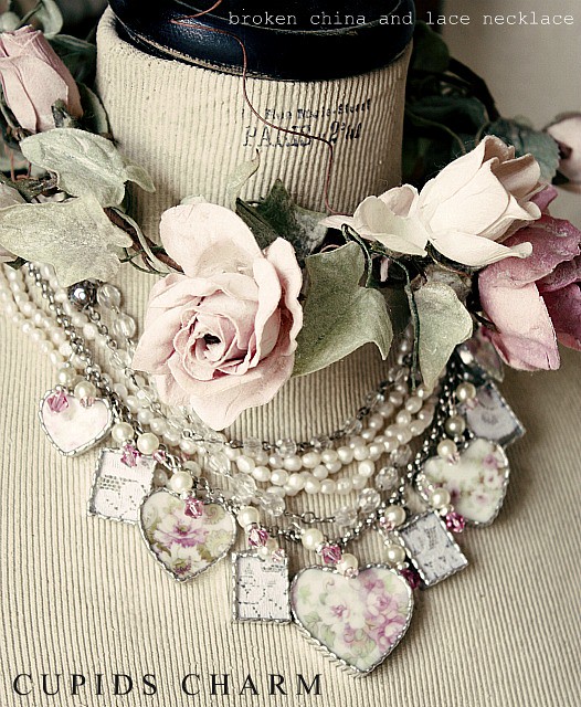 Vintage Broken China and Lace Necklace