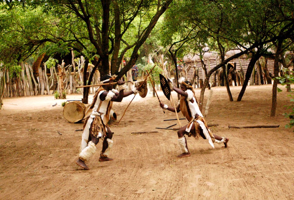 Intriguing c. 1880s Photograph - Zulu Men Stick Fighting