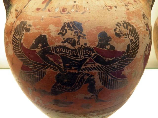 Black-figured neck-amphora (jar) with Boreas, the god of the North Wind and Hermes, the messenger god, Greeks in Italy (Room 73), British Museum