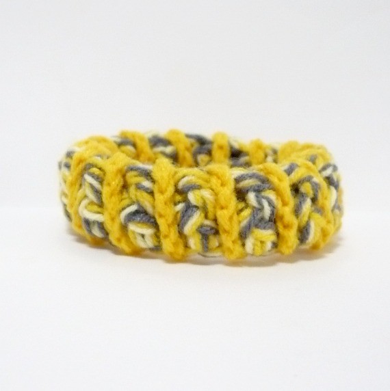 Crocheted Bangle in Deep Yellow, Deep Grey and Pale Yellow