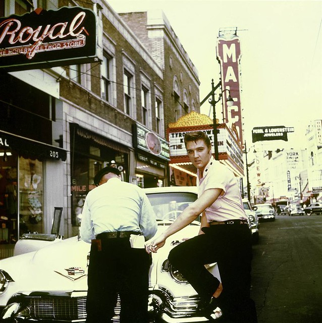 Elvis outside Jim's Barber shop on South Main in Memphis,1956