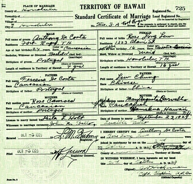 LAU - DeCOSTA:  Marriage Certificate