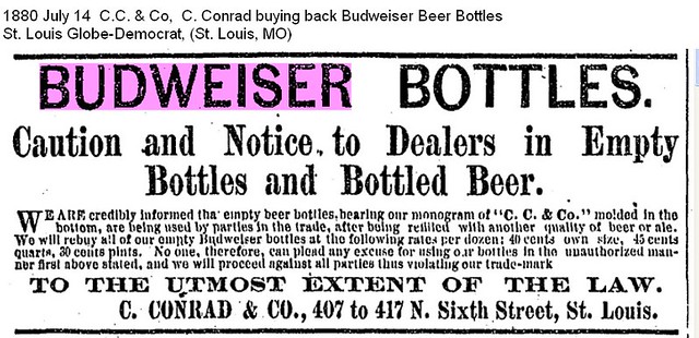 1880 July 14  C.C. & Co,  C. Conrad buying back Budweiser Beer Bottles