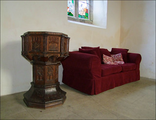 wooden medieval font and sofa