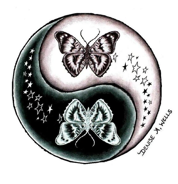 Butterfly and Stars Yin Yang tattoo design by Denise A. Wells