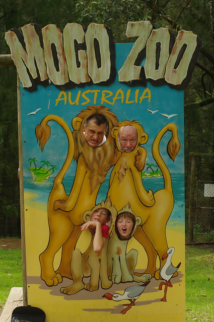 Michael, Philip, Adrian and Siobhan clowning around with the Mogo Zoo sign