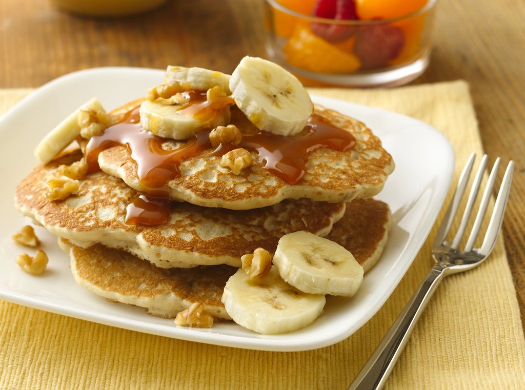 Banana-Walnut Pancakes with Caramel Topping Recipe.
