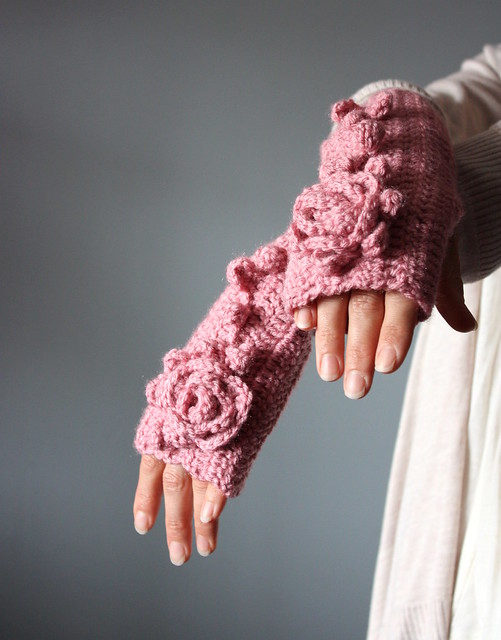 Crochet fingerless gloves floral design pastel pink