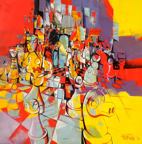 Colourful figures and chess-like shapes on yellow