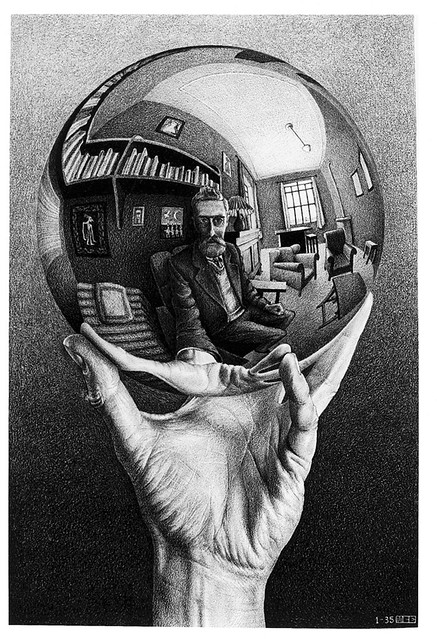 Mano con esfera reflectante (Hand with reflecting sphere). M.C. Escher, 1935.