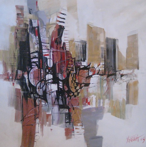 Small abstract cityscape in red, grey and ochre