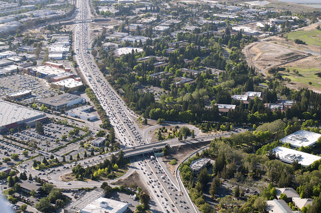 Heavy traffic on Highway 101, Mountain View and Palo Alto, California
