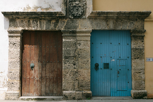 door wood blue red stone wall colombia closed bolivar symmetry number cartagena