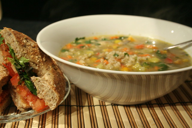 Barley Soup and Tomato Bagel