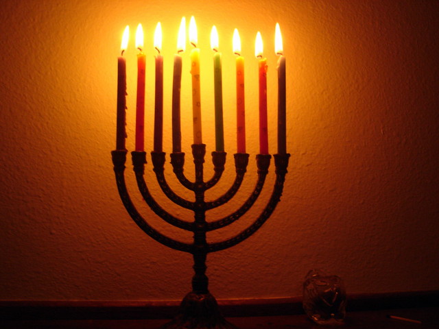 A Hanukkah menorah on the Last Night of Hanukkah