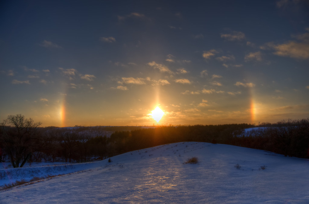 Sunset with Two Sun Dogs (parhelia / parhelion) over the Minnesota Winter Countryside - a nice begining to the new year