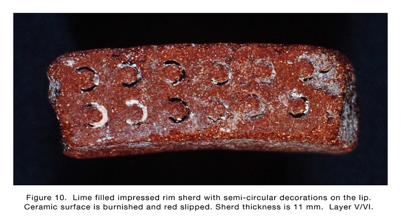 Figure 10.  Lime filled impressed rim sherd with semi-circular decorations on the lip. Ceramic surface is burnished and red slipped. Sherd thickness is 11 mm.  Layer V/VI.

Hiro Kurashina
