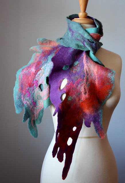 Nuno felted art scarf asymmetrical wool neckwarmer / hip wrap / OOAK wool silk in Purple Orange Green Red