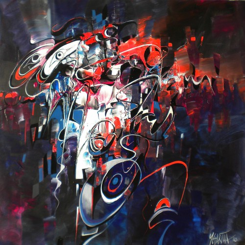 White mask forms and red strokes on black