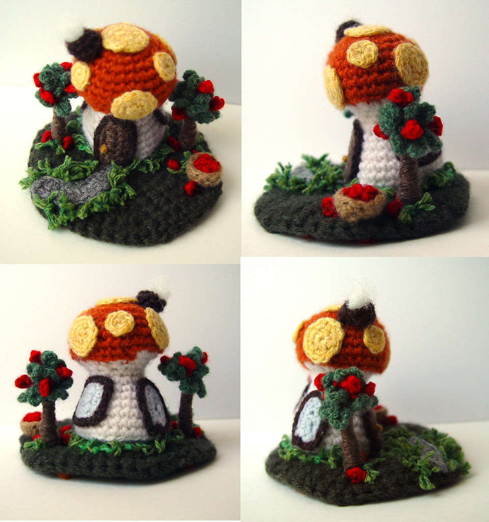Crochet Mini Orange Mushroom House Sculpture more views